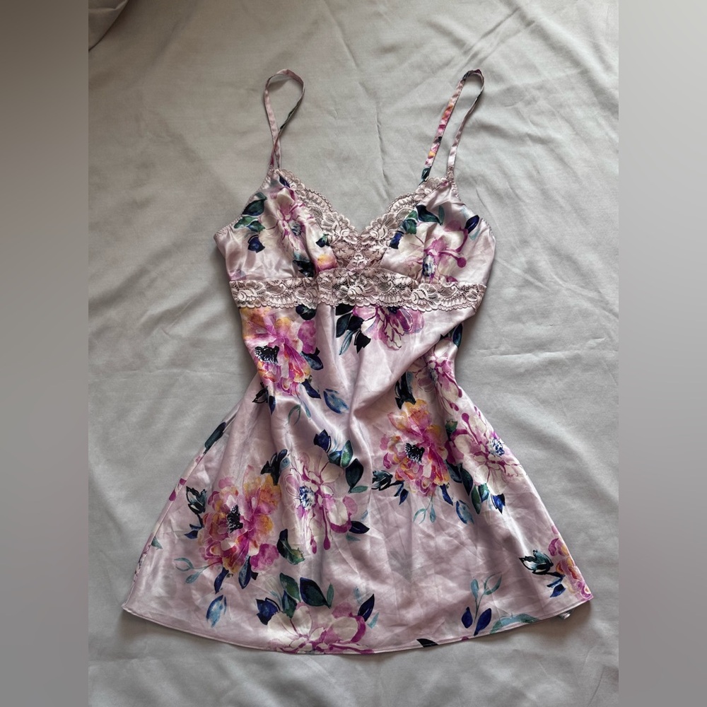 Floral Satin Babydoll Slip Lingerie with Lace – Medium